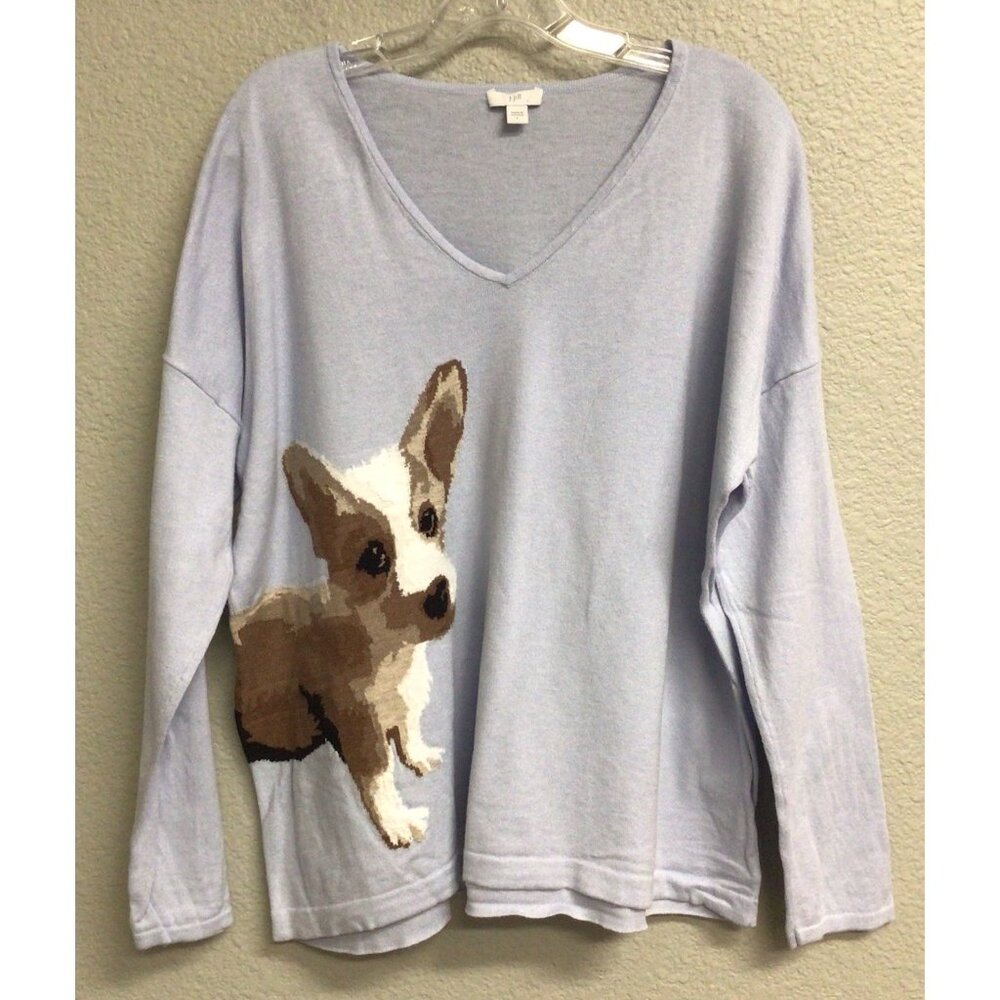 J. Jill Women’s Corgi Dog Sweater Light Blue V Neck Knit Top Size Large